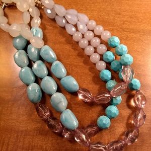 Necklace with blue, white and clear beads